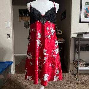 Red satin floral slip dress with black lace top